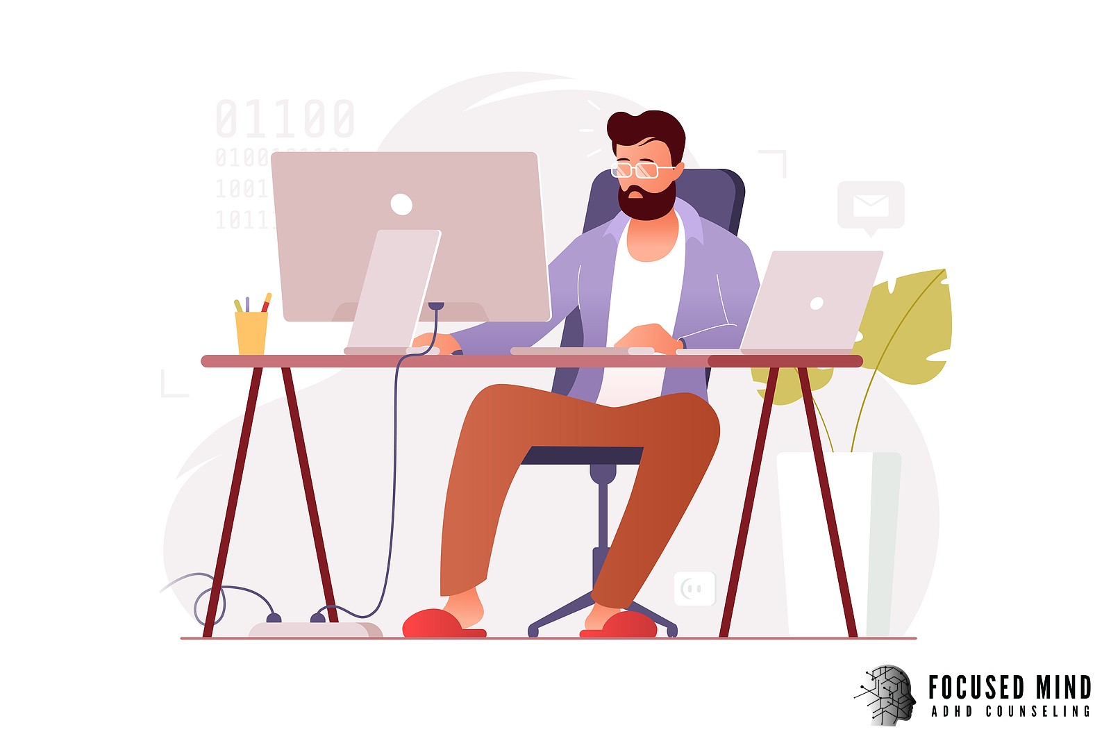 A graphic of a man sitting at his computer desk with a laptop nearby. This could symbolize what online ADHD treatment in Columbus, OH might look like. Contact Focused Mind ADHD Counseling to get in touch with an adult ADHD specialist. An ADHD specialist can offer the support you deserve.