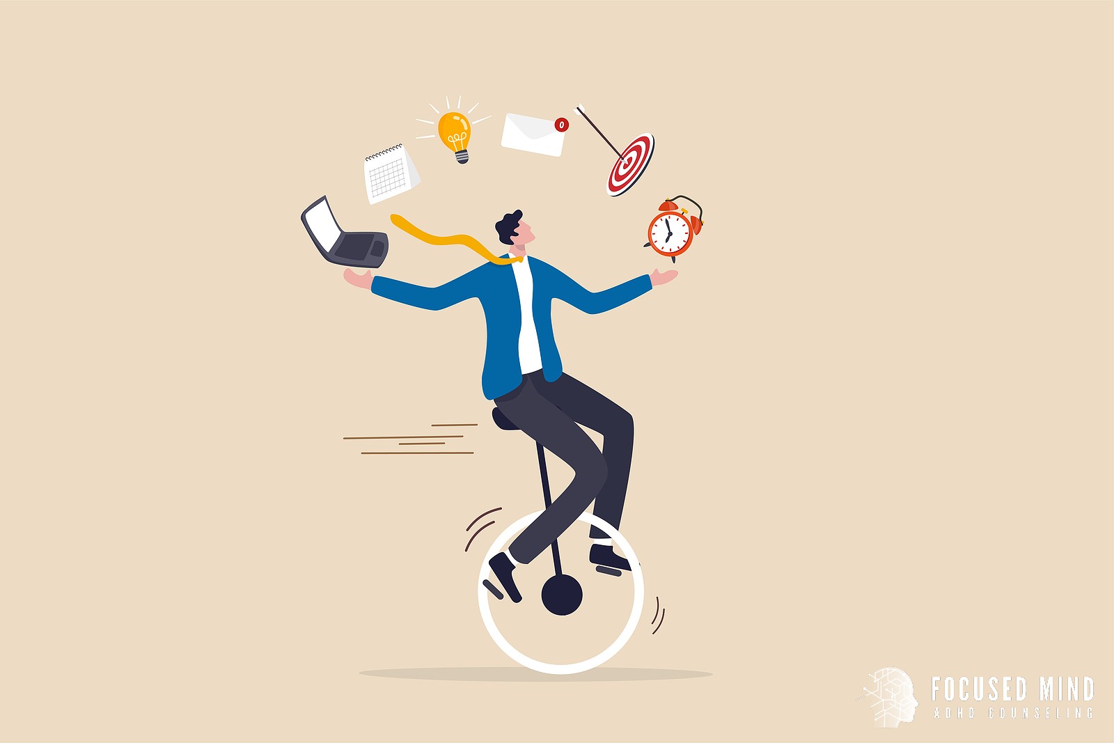 A graphic of a person juggling work responsibilies while on a unicycle. Focused Mind ADHD Counseling can offer support for ADHD and workaholism. Contact an adult ADHD for support with ADHD productivity hacks. 43016 | 43017 | 43235