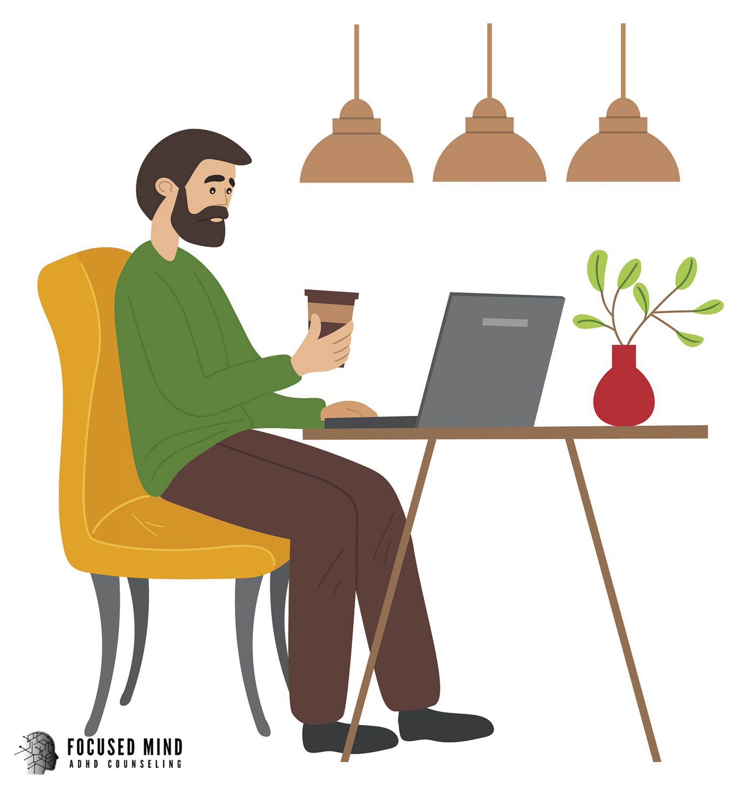 A graphic of a man working on a laptop with coffee in hand for Focused Mind ADHD Counseling. Learn more about how ADHD testing in Columbus, OH can support you today! 43017 | 43016 | 43235