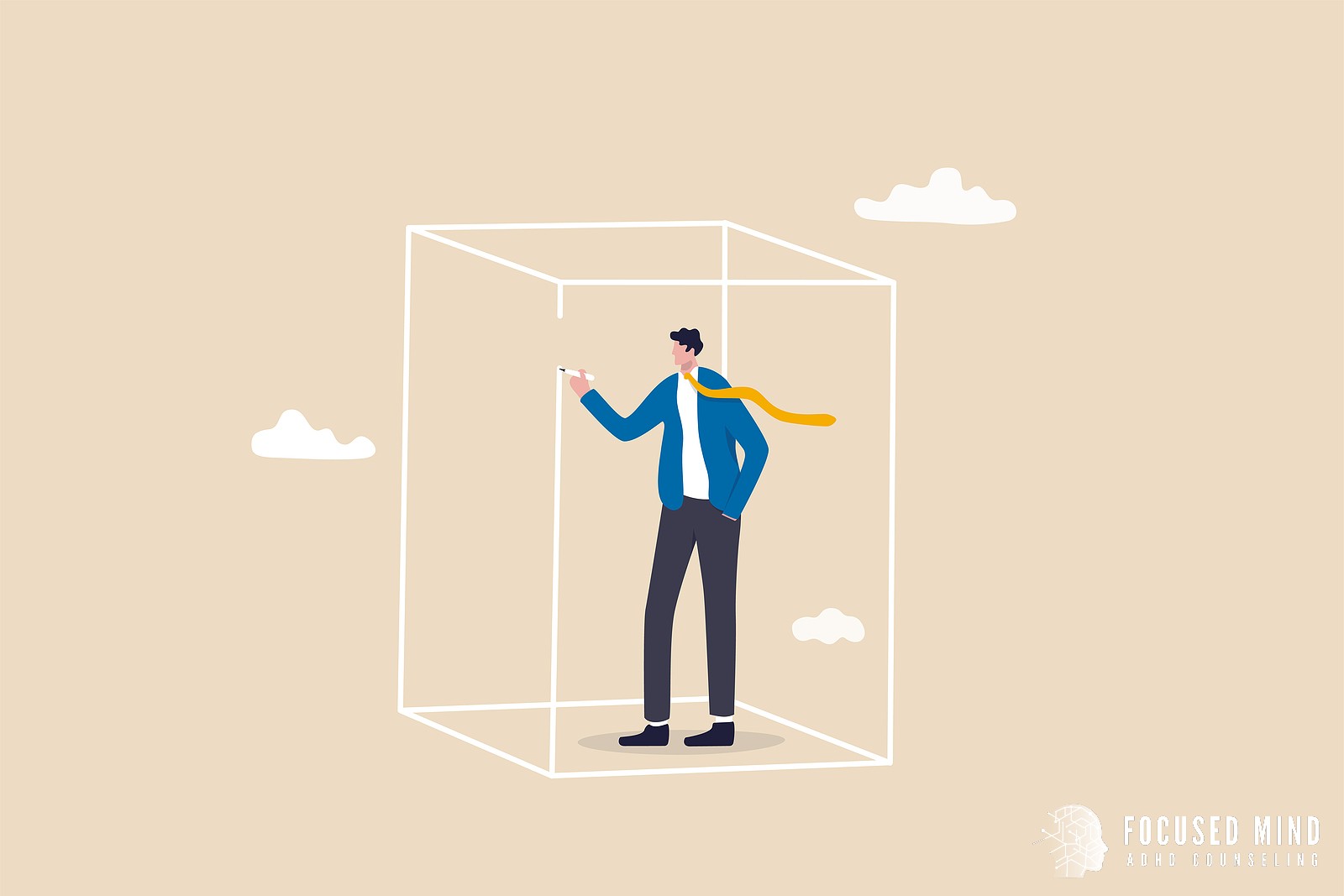 A graphic of a person standing in a box for Focused Mind ADHD Counseling. Learn more about ADHD and boundaries in Columbus, OH by searching "ADHD symptoms Ohio" or "ADHD specialist near me" today.