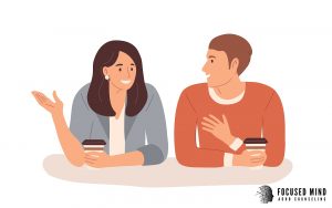 An illustration of two friends talking with one another. This could represent the support online therapy in Columbus, OH can offer. We offer support for ADHD in women in Columbus, OH and other services. Search  "therapy for creatives columbus, oh" to learn more.