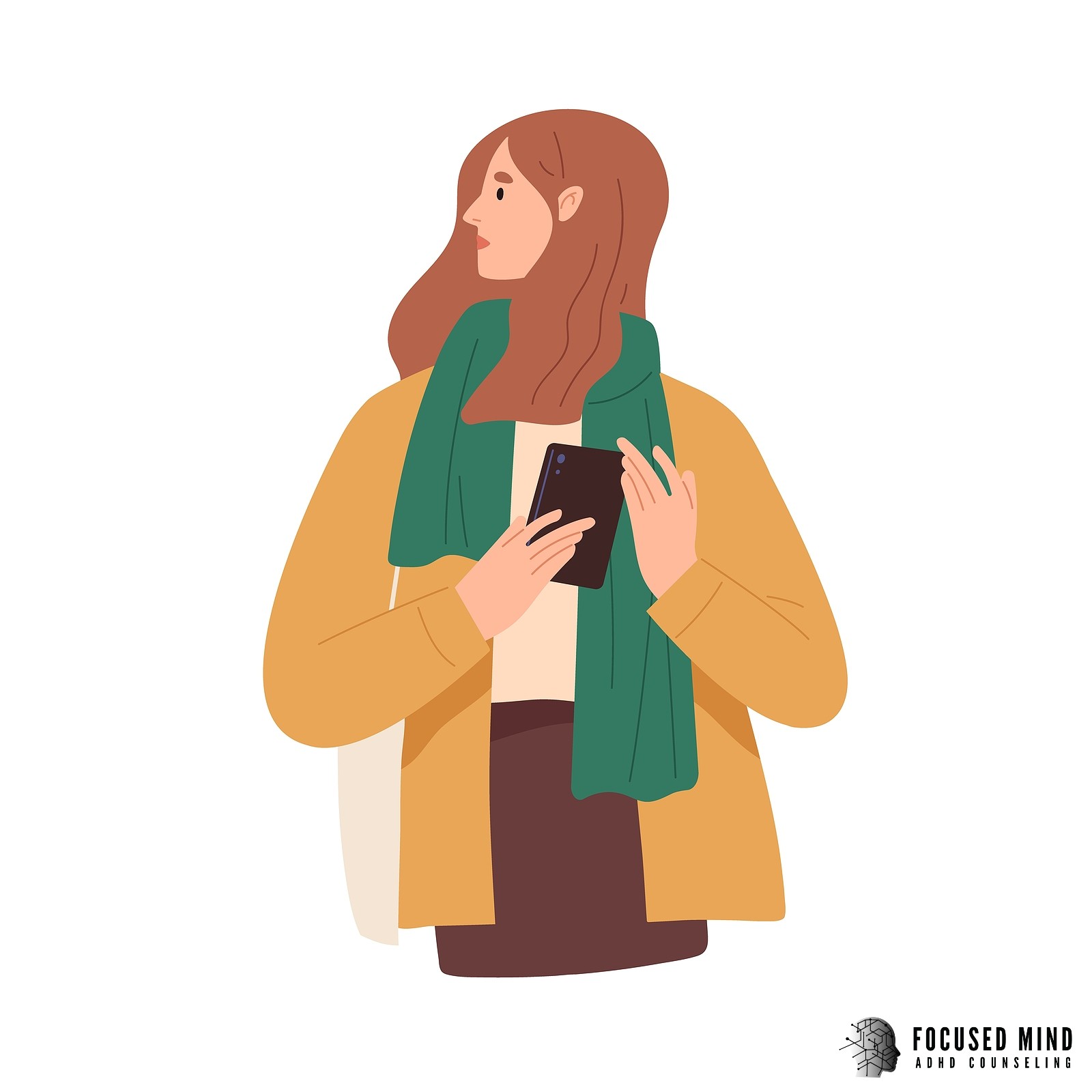 An illustration of a concerned woman. ADHD in women in Columbus, OH can be difficult to address, but we offer support with online therapy in Columbus, OH. Contact Focused Mind ADHD Counseling to learn more about therapy for creatives in Columbus, OH and other services.