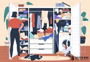 An illustration of a woman looking at the messy closet. This could represent the mental clutter ADHD in woman in Columbus, OH can address. Learn more about therapy for creatives Columbus, OH and other services including online therapy in Columbus, OH.