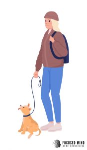 A graphic of a person walking a dog for Focused Life ADHD Counseling. Learn more about questions like what are anxiety symptoms Columbus, OH by contacting a therapist in Columbus, OH today.