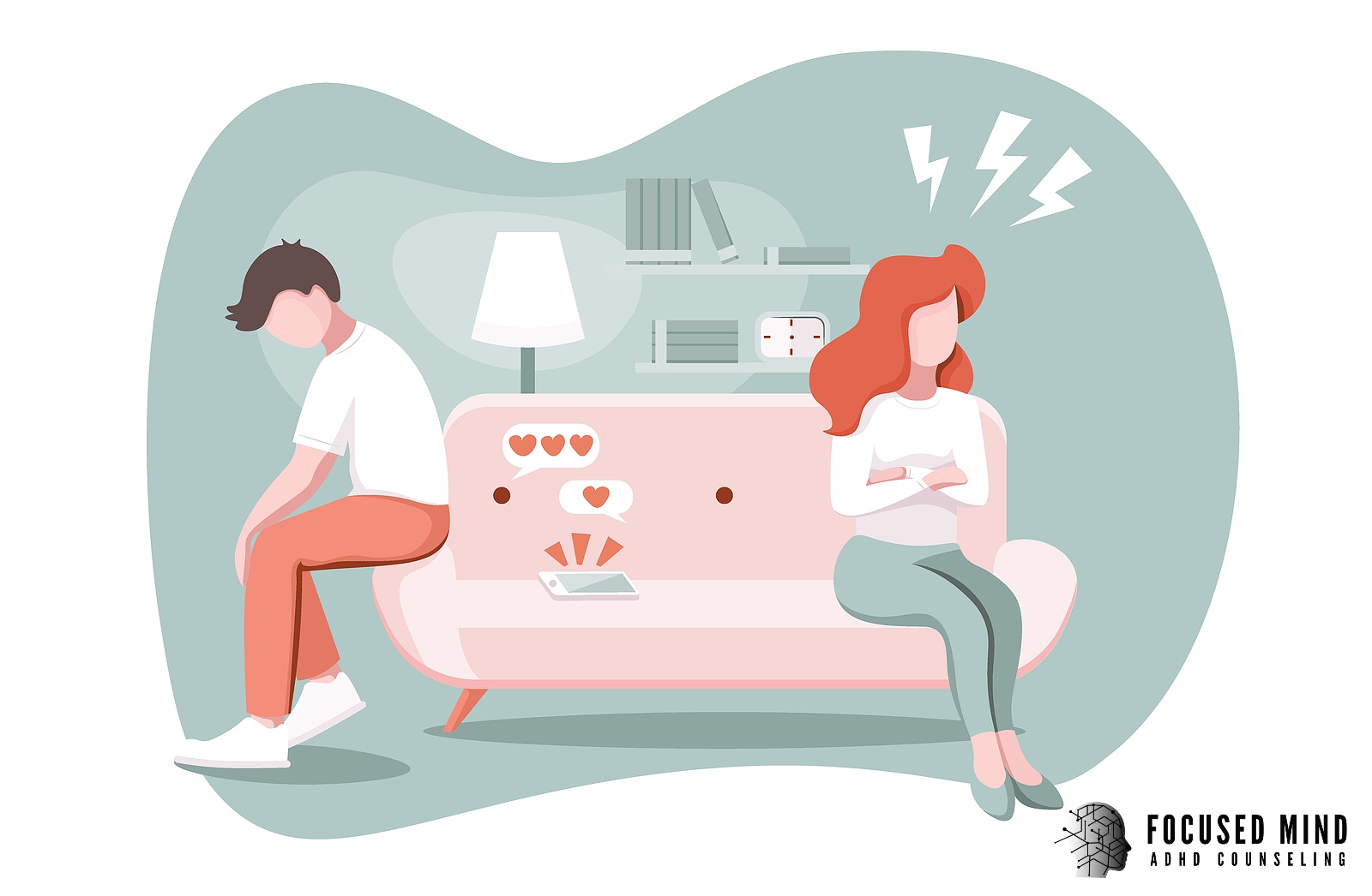 A vector image of a couple sitting on opposite sides of a couch during an arguement. Learn how a therapist in Columbus Ohio can offer support for your relationship. Search "adhd thought loops" or contact a depression therapist in Columbus, OH to learn more.