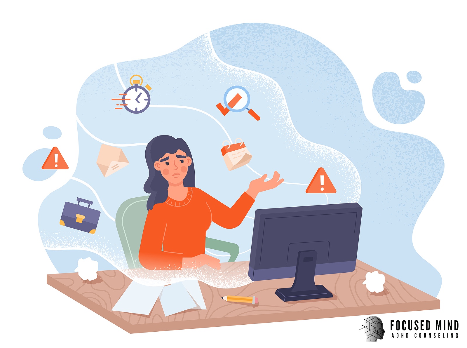 A vector image of a woman appearing overwhelmed at the many notifications from her computer. A therapist in Columbus Ohio can help you overcome and live with ADHD symptoms. Focused Mind ADHD Counseling can help you today.