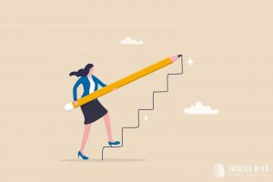 A graphic of a woman drawing a staircase with a large pencil. This could represent creating goals for ADHD treatment for adults in Ohio after ADHD testing in Columbus, OH. Learn more about the support a therapist in Columbus Ohio can offer today.