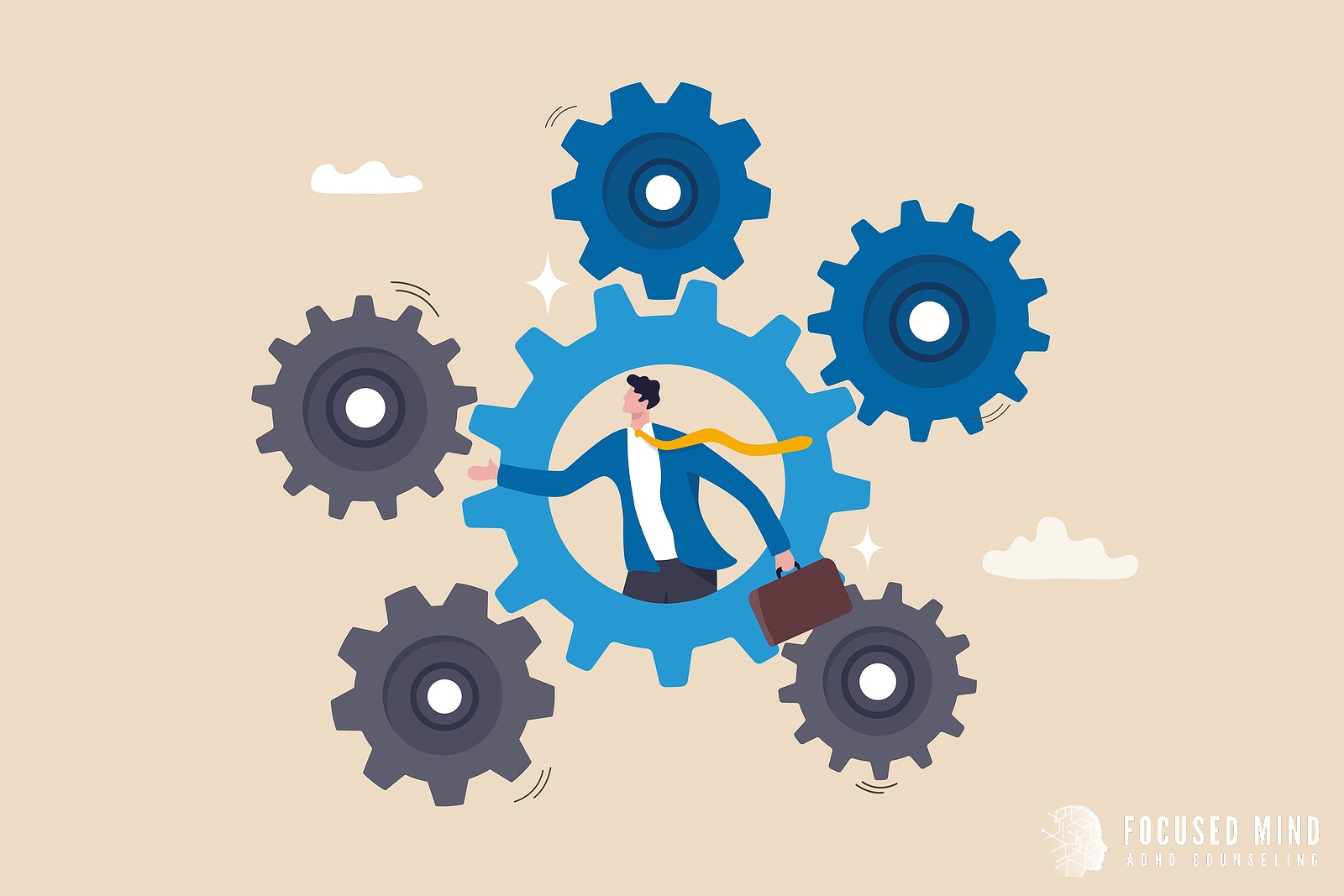 A graphic of a person with a briefcase surrounded by cogs. This could symbolize how learning new ADHD productivity hacks can offer support in overcoming ADHD thought loops and procrastination. Contact an ADHD therapist for adults near me to learn more about ADHD treatment for adults in Ohio today.