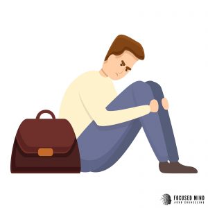 A graphic of a man with an upset expression sitting next to a bag. This could represent the struggles of emotional regulation that emotional regulation therapy in Columbus, OH can offer. Learn how a therapist in Columbus Ohio can offer support with ADHD and emotional regulation to learn more today.