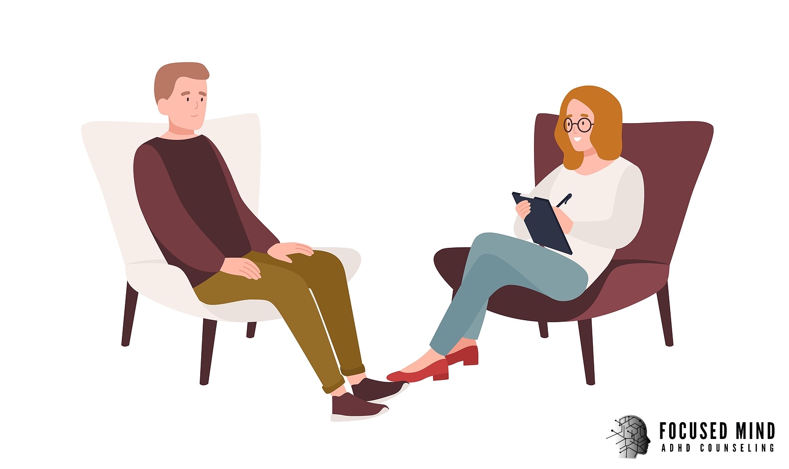 A graphic of a woman with a clipboard talking to a man sitting across from her. This could represent the process of ADHD testing in columbus, OH. Learn more aobut ADHD testing in Columbus Ohio by searching for adult ADHD testing in Columbus, OH today.