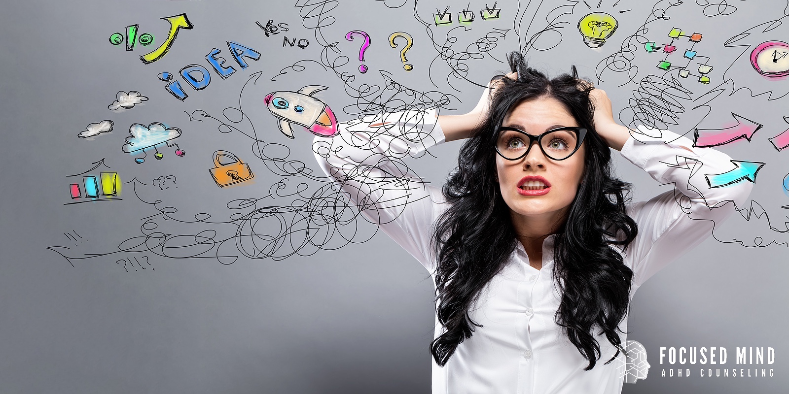 Woman holding her head surrounded by doodles and ideas – Representing ADHD and overthinking, with support available through ADHD therapy in Columbus, OH and online ADHD treatment in Columbus, OH.