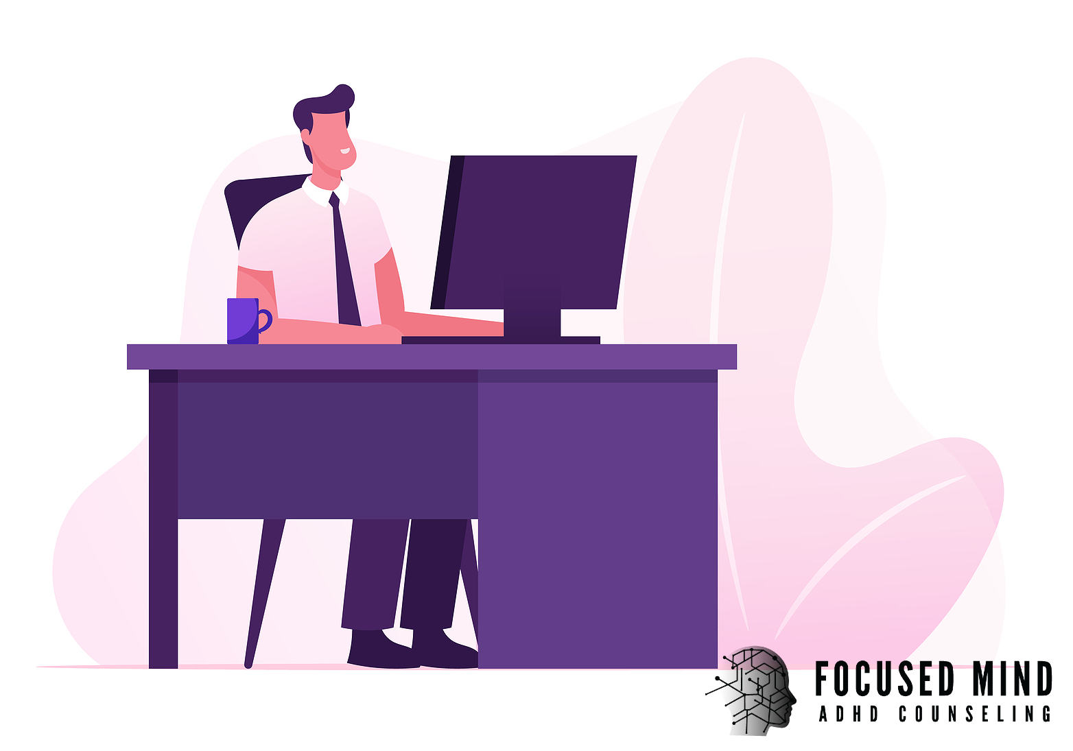 An illustrated man in a shirt and tie sits at a large desk, working at a desktop computer with a coffee mug nearby. Does ADHD make it hard to stay productive without crashing afterward? ADHD testing in Cleveland, OH can uncover what's really behind your exhaustion.