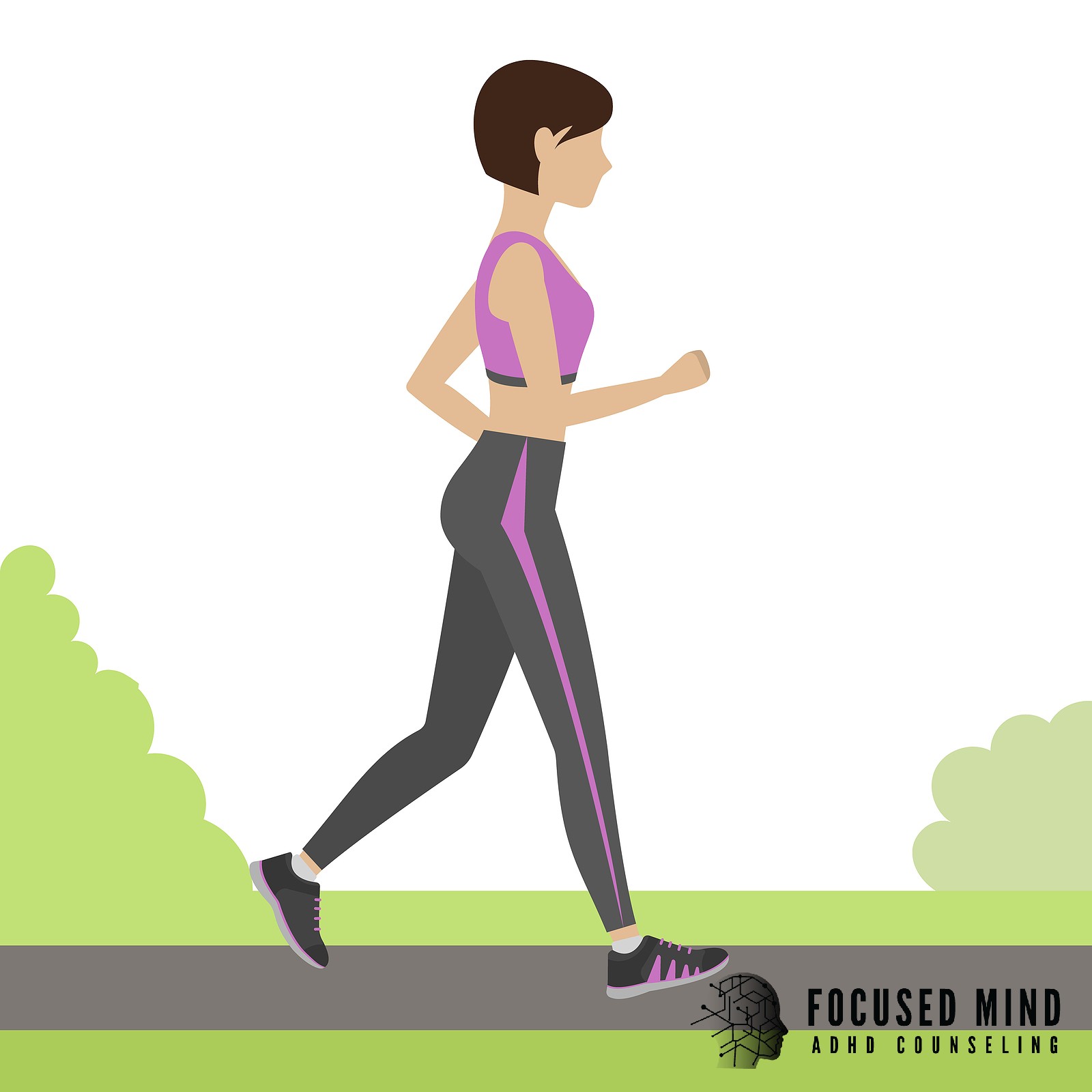 An illustrated woman jogs along a path surrounded by green bushes, dressed in workout gear. Even physical activity can feel overwhelming when ADHD fatigue drains your energy and motivation. An ADHD specialist in Cleveland, OH can help you build sustainable strategies for daily life.