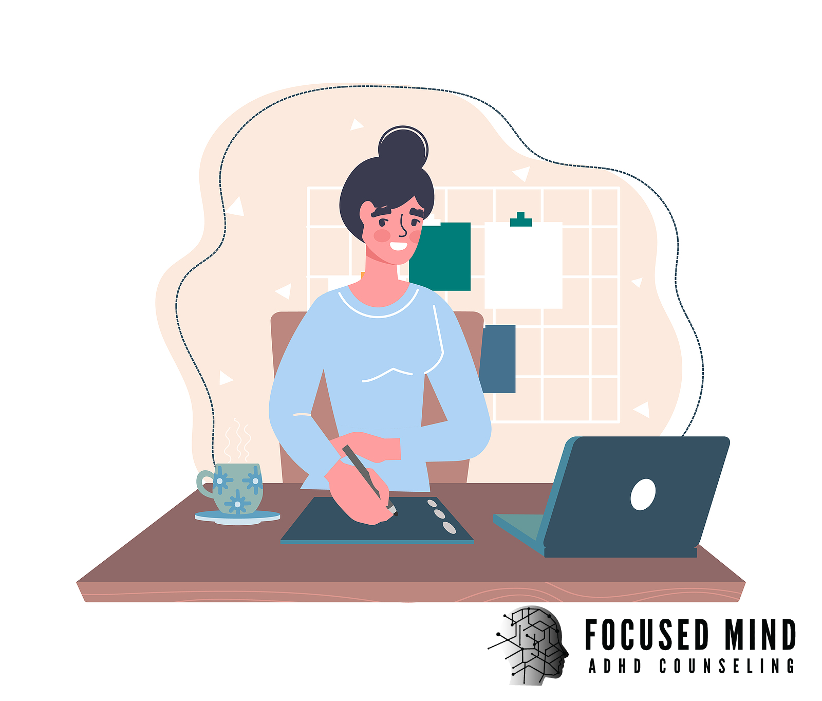 An illustrated woman sits at a desk writing, with a laptop and coffee nearby, looking focused but tired. Could ADHD be the hidden cause of your daily exhaustion? An ADHD specialist in Cleveland, OH can help you understand and manage your symptoms.