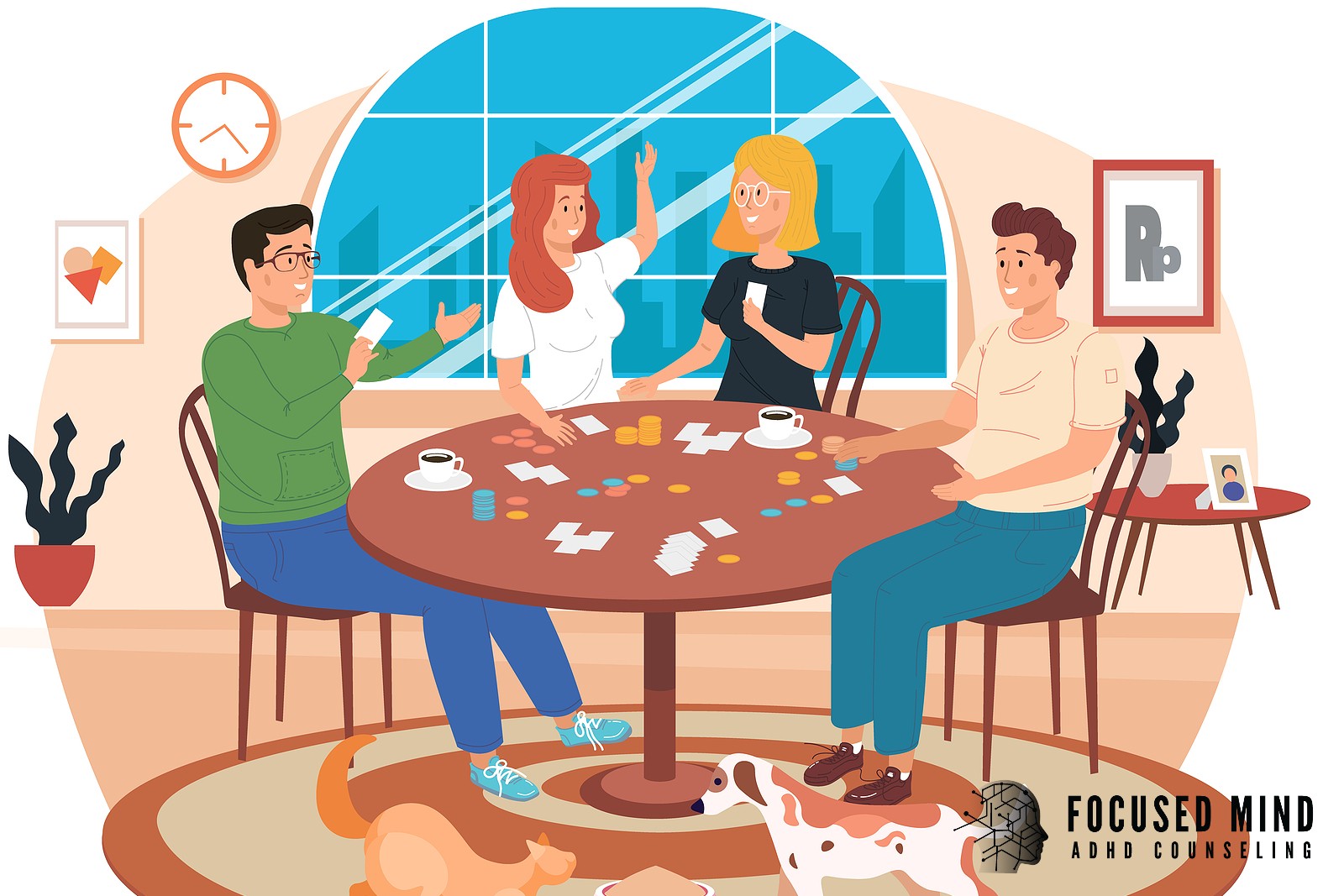 An illustrated group of four friends laughs and plays a card game. Does ADHD make it hard to maintain friendships? An ADHD specialist in Cleveland, OH, can help you build connection strategies that work with your brain, not against it.