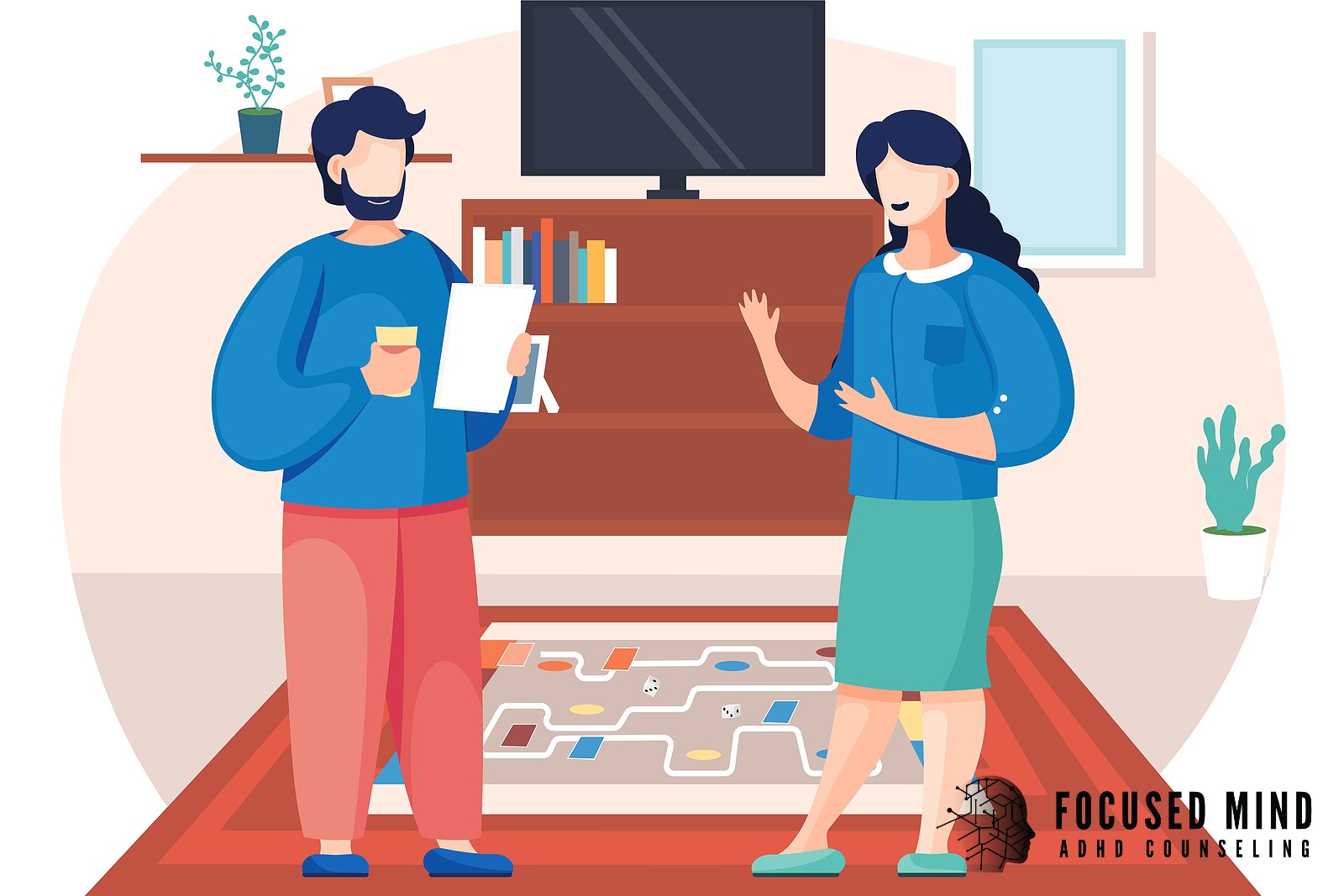 An illustrated man and woman stand in a cozy living room. Are struggles with impulsivity or distraction making it difficult to make friends? ADHD testing in Cleveland, OH, can uncover how your ADHD affects social interactions.