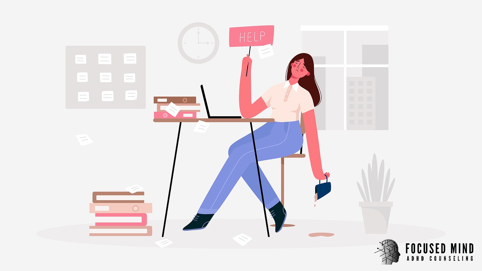 An illustrated woman sits at her desk and holds a "HELP" sign. Is ADHD burnout leaving you feeling overwhelmed and unable to keep up with daily demands? ADHD testing in Cincinnati, OH, can help identify what's driving your exhaustion and point you toward real relief.
