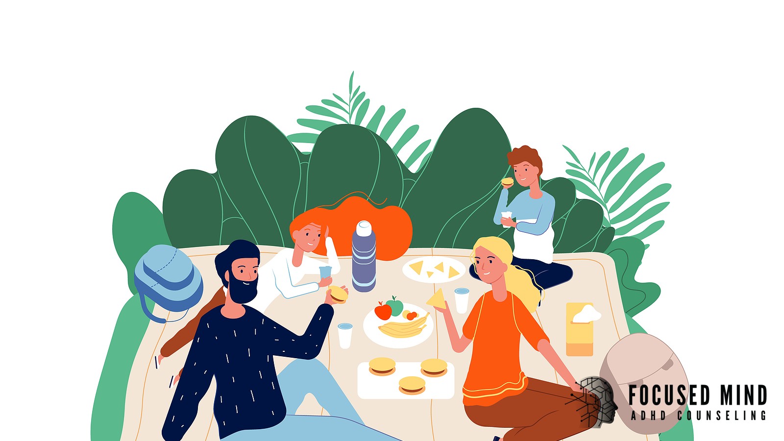 An illustrated group of friends enjoys an outdoor picnic. Does ADHD burnout make even enjoyable social activities feel like too much effort to show up for? An ADHD specialist in Cincinnati, OH, can help you rebuild your energy and re-engage with life.