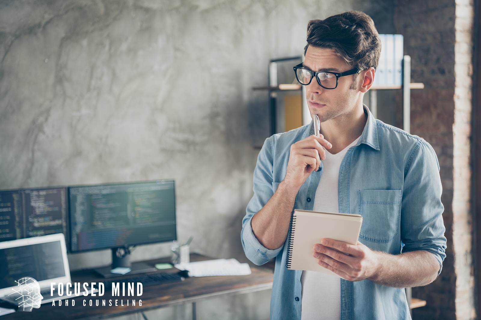A thoughtful man holds a notebook and pen, staring into the distance. Does ADHD make it difficult to organize your thoughts and turn ideas into action at work? ADHD testing in Cincinnati, OH, can provide the clarity you need to finally understand how your brain works.