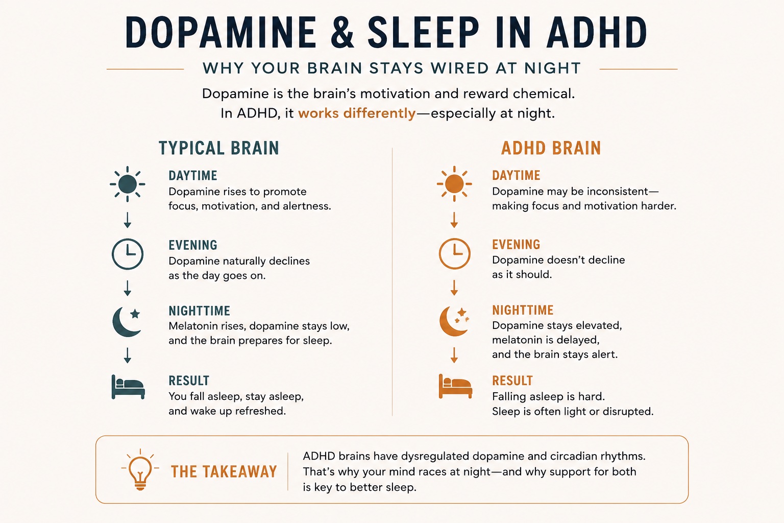 An informational infographic compares how dopamine and sleep cycles work differently in ADHD brains. Do you experience elevated nighttime dopamine and delayed melatonin? ADHD testing in Cincinnati, OH, can confirm what's really going on.