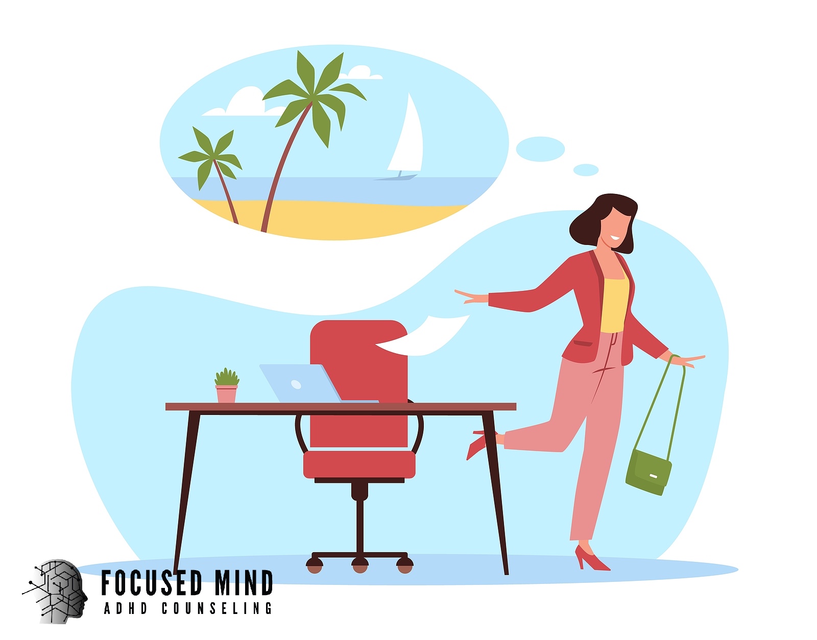 An illustration shows a woman cheerfully leaving her office desk while daydreaming of a tropical beach getaway. Are you a high-achieving woman who keeps pushing through the exhaustion? ADHD testing in Cleveland, OH, can finally give you the answers you need.